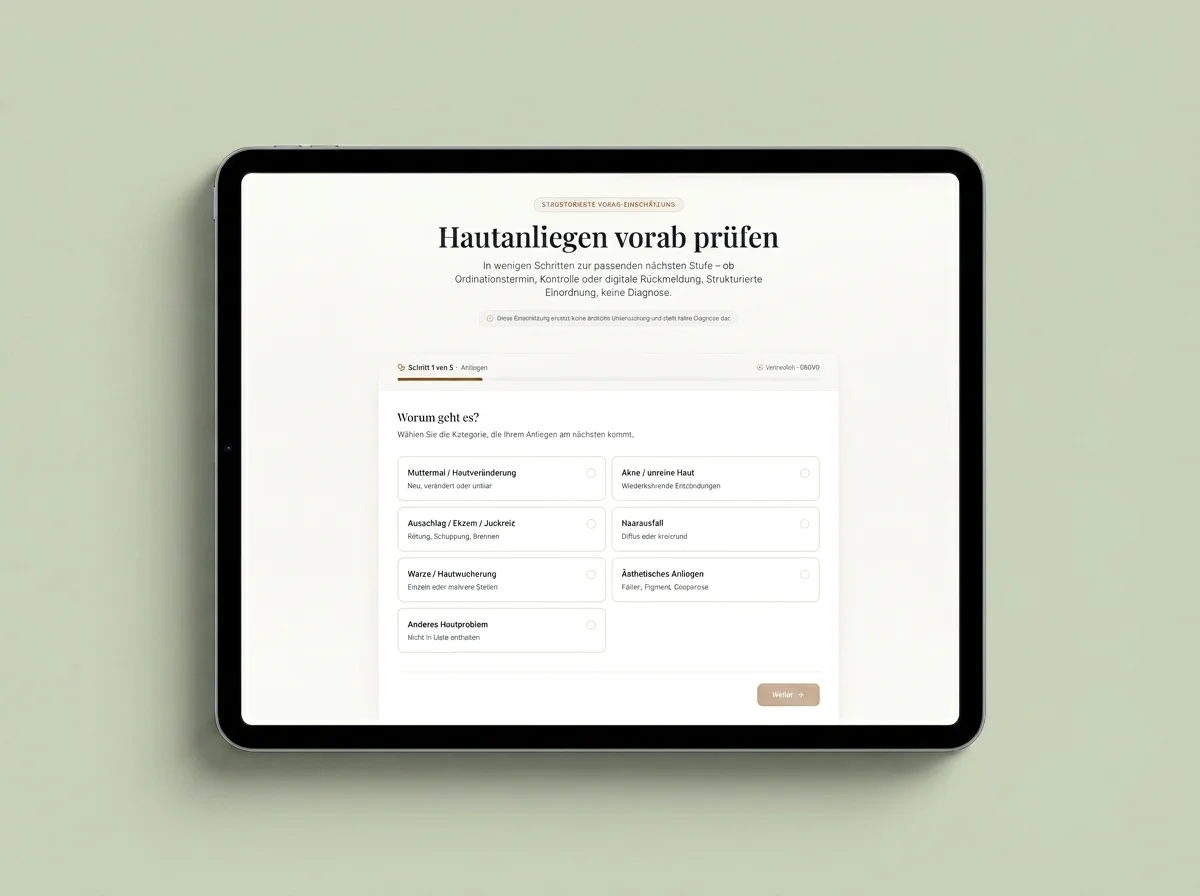 Online appointment booking for medical practice – structured request (tablet view)